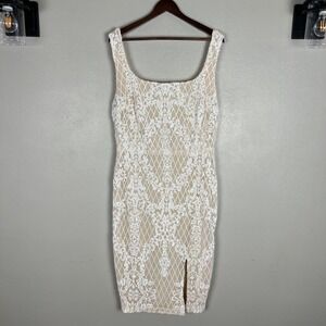 Ricarica Midi Dress Sequin Mesh Womens 1X White Beige Lined Slit Sheath Fitted